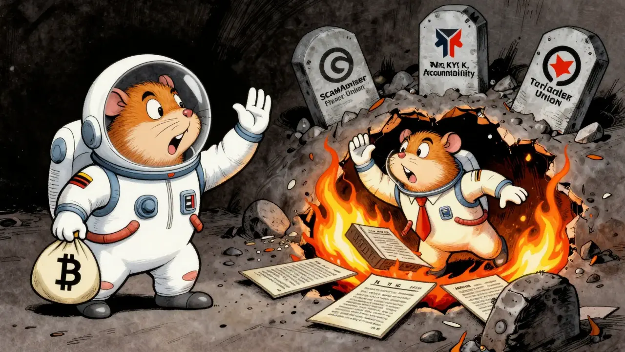 Split scene: trader celebrating with a hamster on one side, falling into a pit of burning crypto contracts on the other, Fleischer cartoon style.
