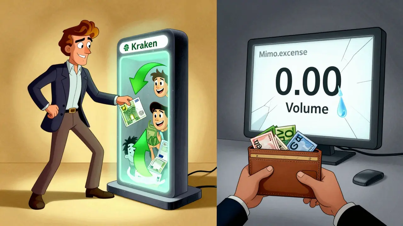 Split scene: user depositing EUR at Kraken vs. confused newcomer facing a silent Mimo.exchange screen.