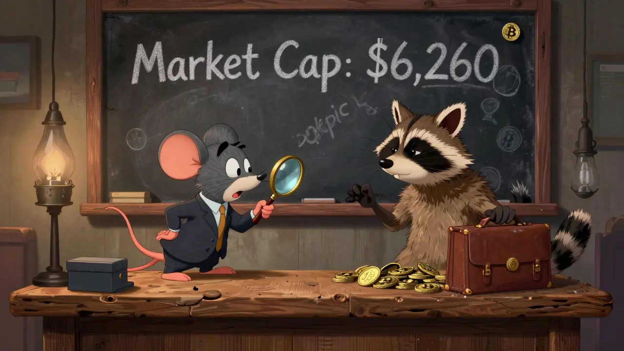 Two cartoon traders haggling over a single FRP token on a shaky desk, with a tiny Bitcoin in the background.
