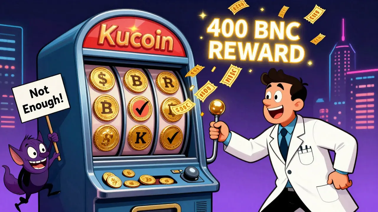 Whimsical GemSlot machine with BNC tokens and KYC checkmarks, user pulling lever as gremlins try to steal trade ticket.