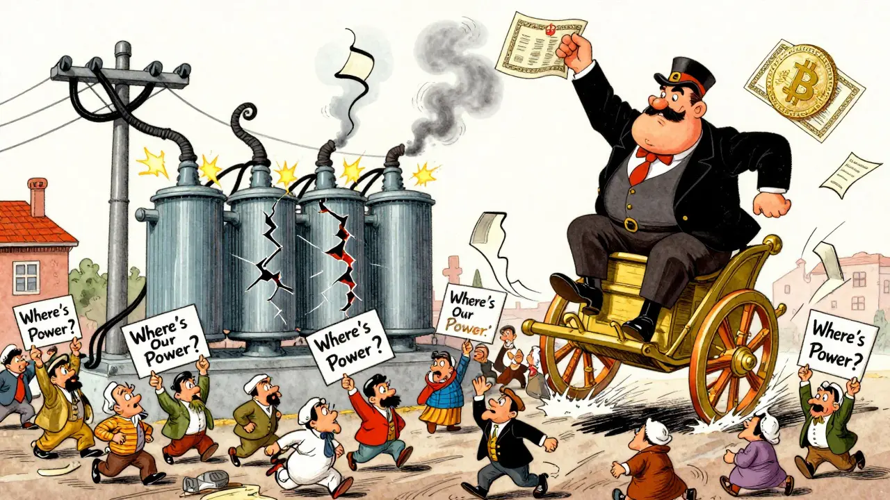 A chaotic power grid collapses as citizens protest while a state official rides a Bitcoin coin.