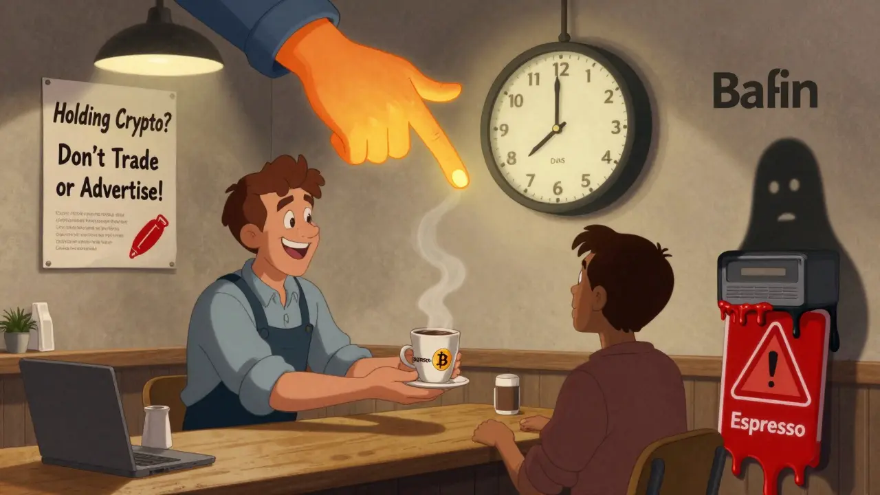 A coffee shop owner accepts Bitcoin as a giant hand points to a 30-day clock.