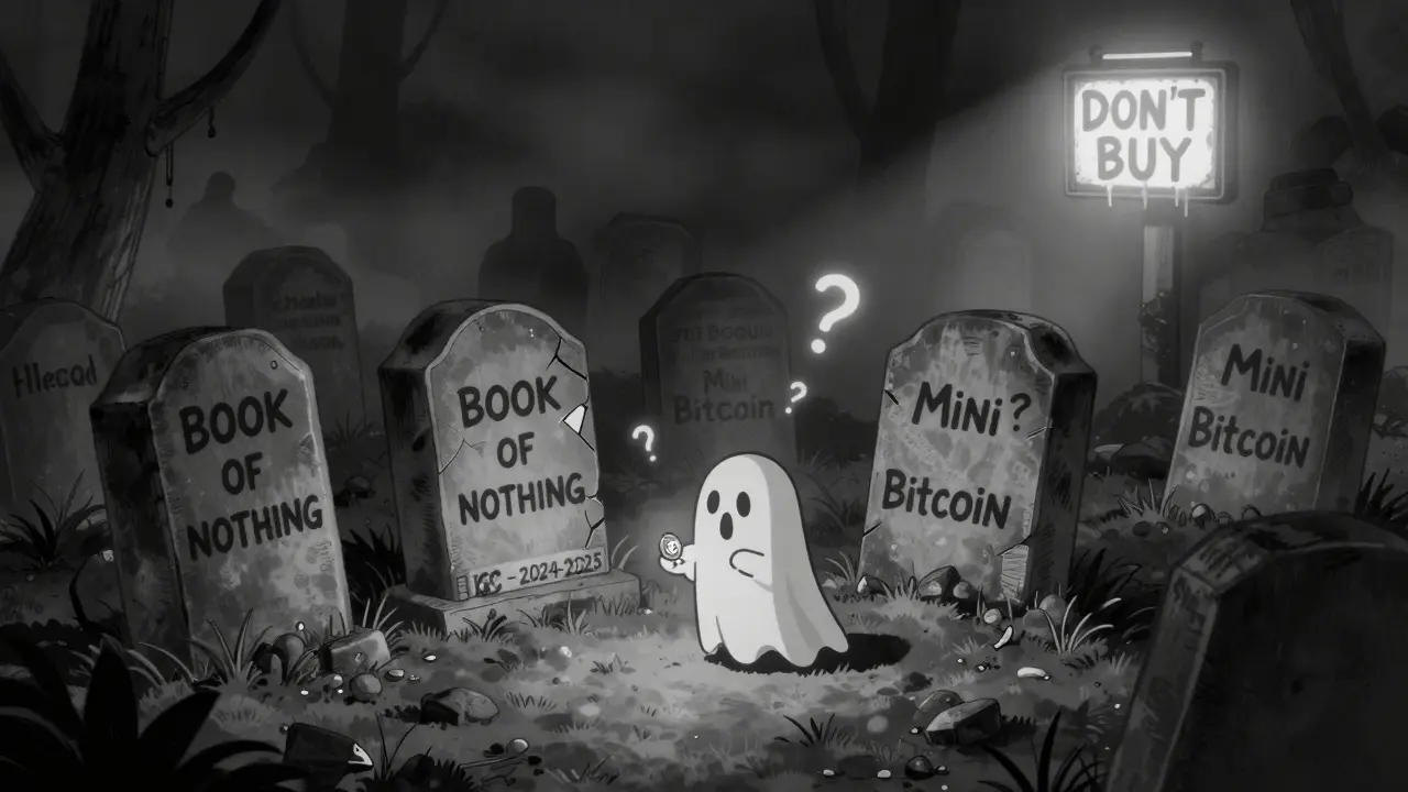 A ghostly crypto graveyard with a tombstone for ICC under a 'DON'T BUY' sign.