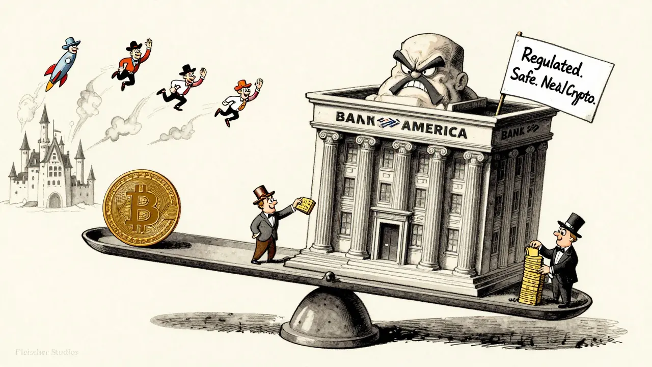 A giant bank building balances a tiny Bitcoin on a scale, with advisors adding ETF shares to the bank's side.