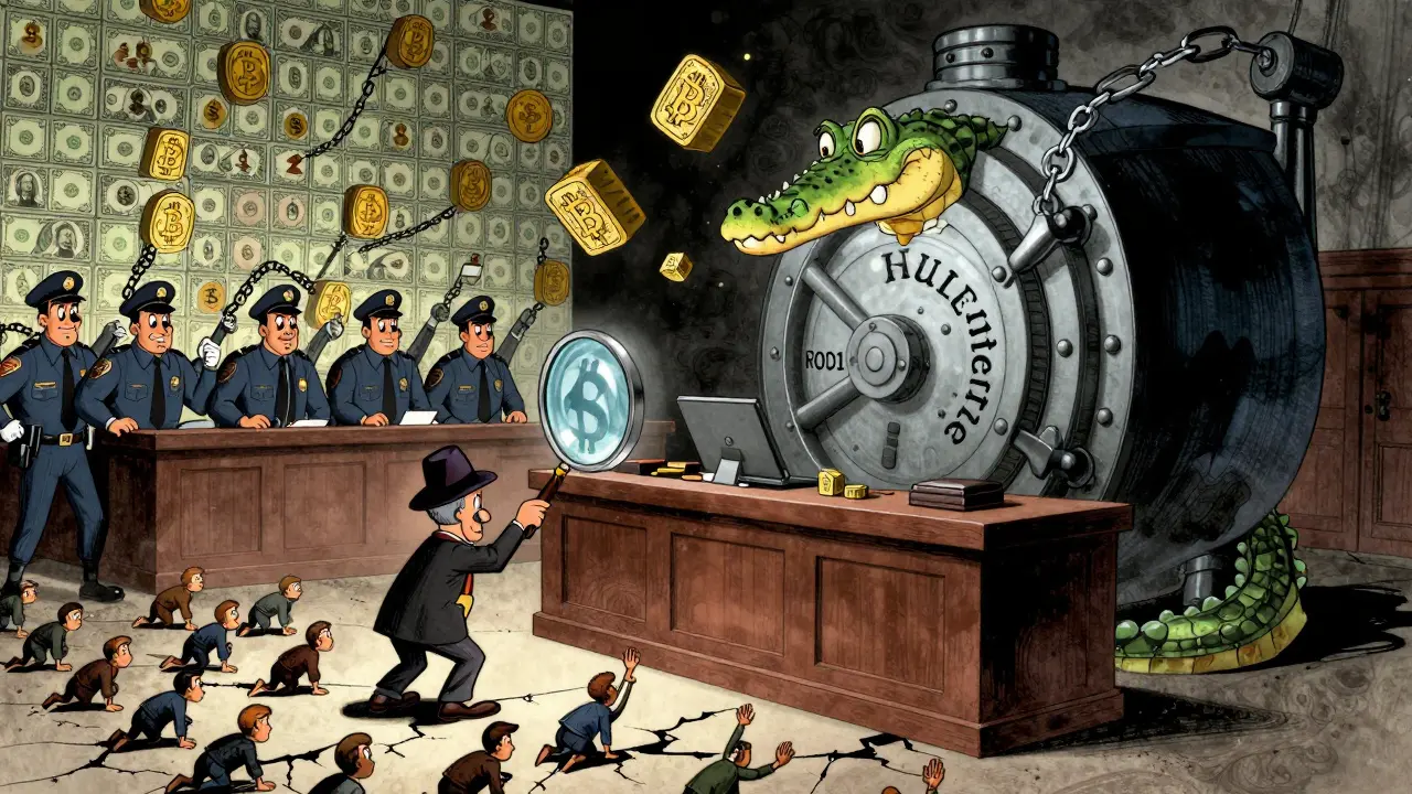 A giant criminal entity on trial as Bitcoin blocks and tiny victims emerge from the courtroom floor.