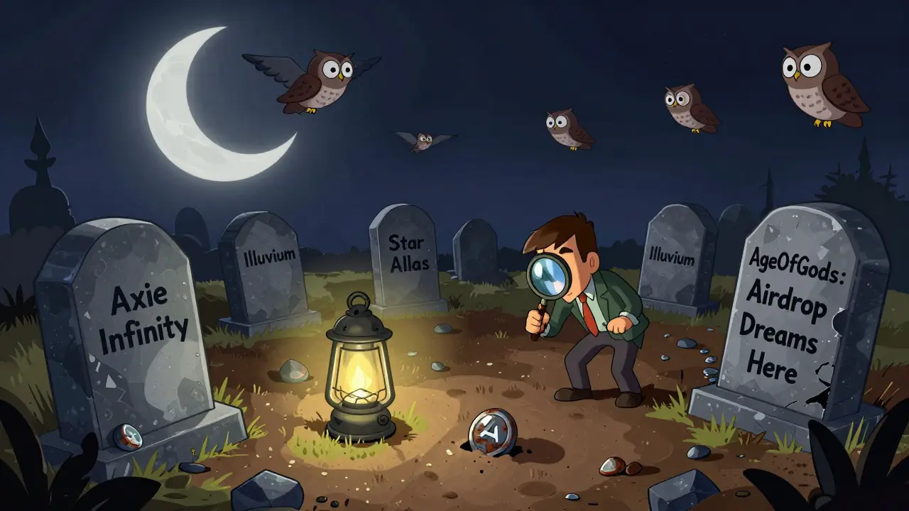 A graveyard of blockchain games with a crumbling AgeOfGods tombstone under a moonlit sky.