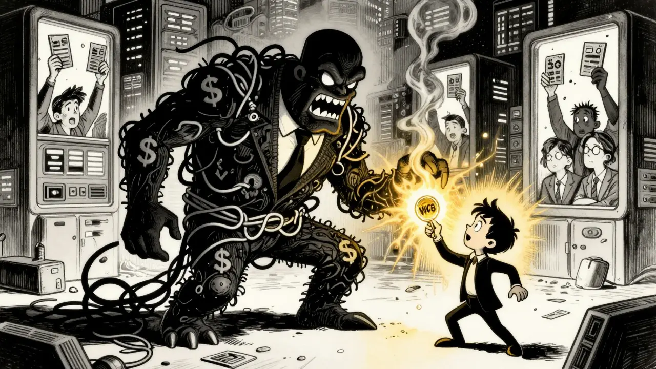 A hero with an NVG8 token defeats a data broker monster in a dramatic cartoon showdown.