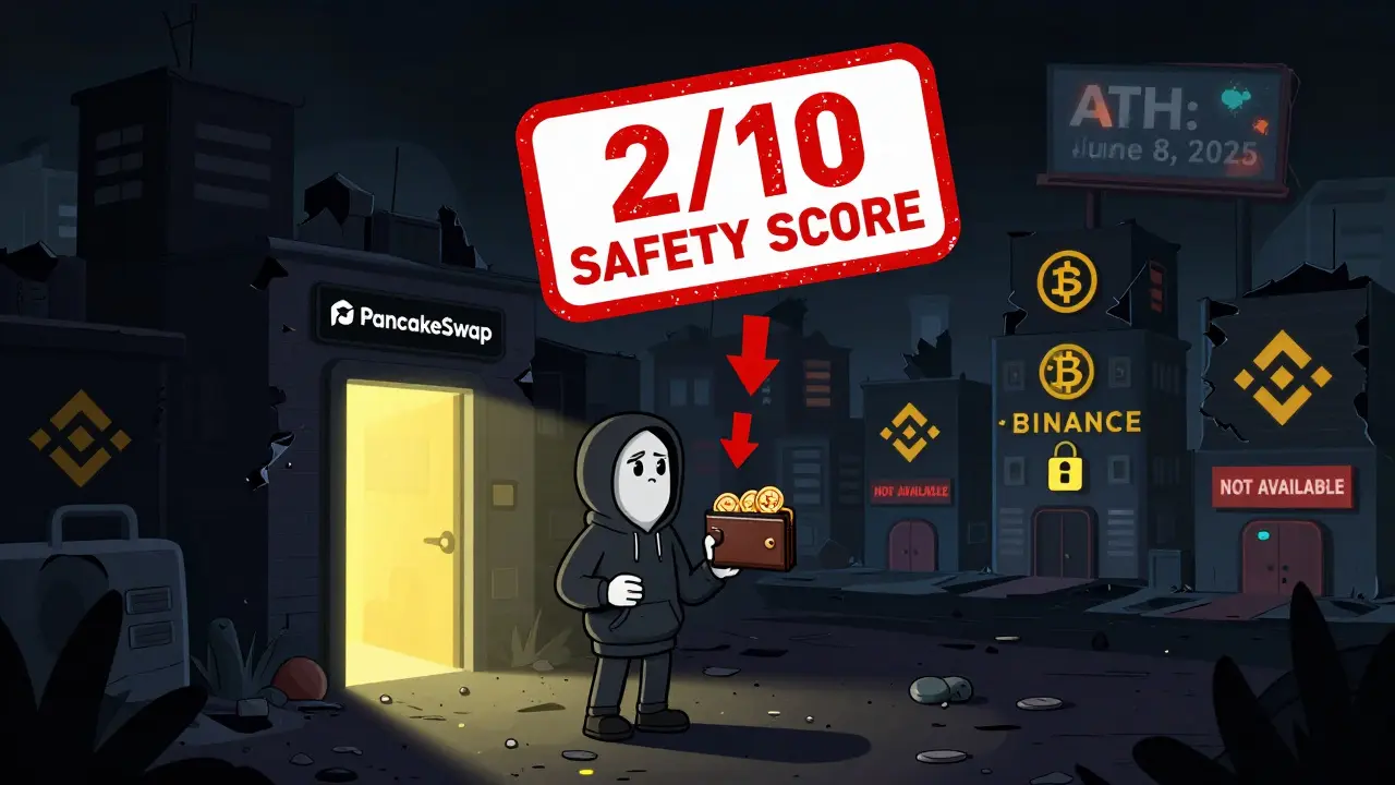 A lonely buyer in a ghost town of crypto ruins, surrounded by warning signs and locked exchanges.