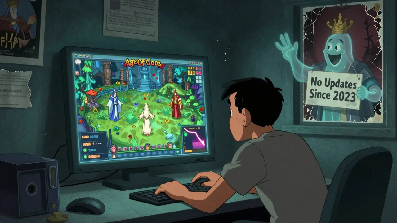 A lonely player watches a falling token price while idle gods float uselessly on a dim screen.