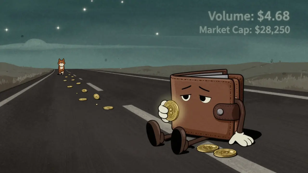 A lonely wallet on a digital highway, holding an ICC token as other coins walk away.