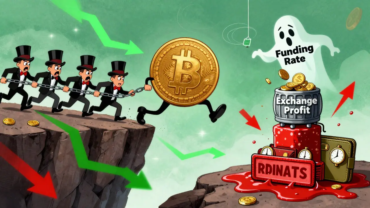 A screaming Bitcoin falling off a cliff, dragging traders as a ghostly 'Funding Rate' counts coins.