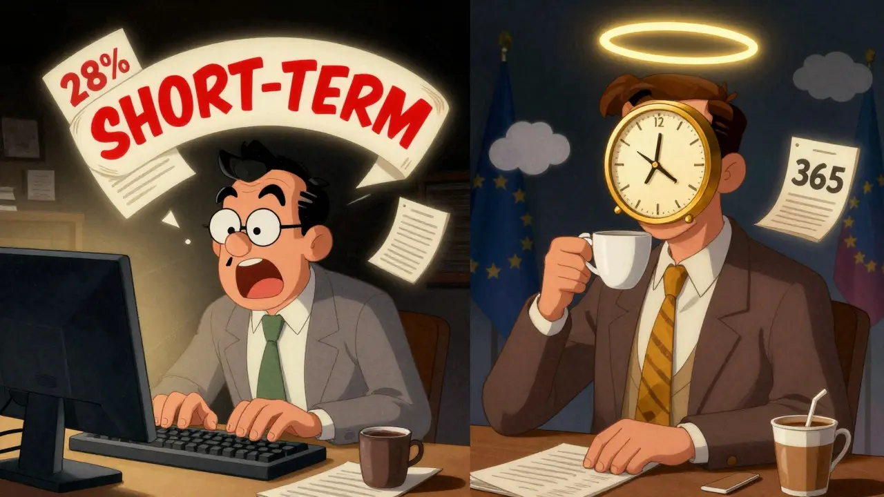 A trader stressed by short-term taxes vs. a calm investor enjoying long-term tax freedom.