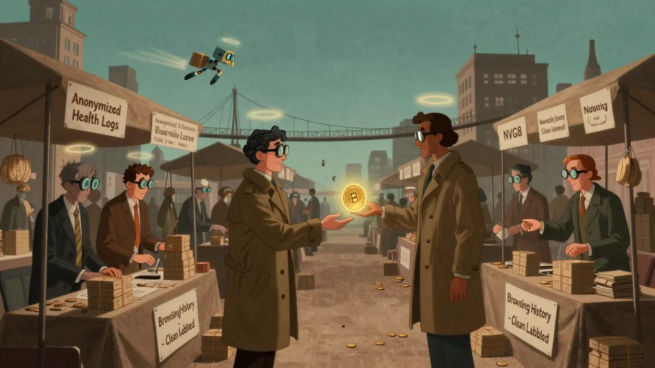 A whimsical marketplace where AI developers trade for data using glowing NVG8 tokens.