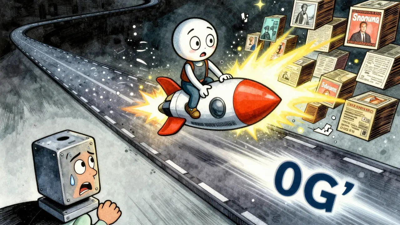 An AI sprite riding a data rocket through two glowing lanes of metadata and text, while a nervous Ethereum node watches in awe.