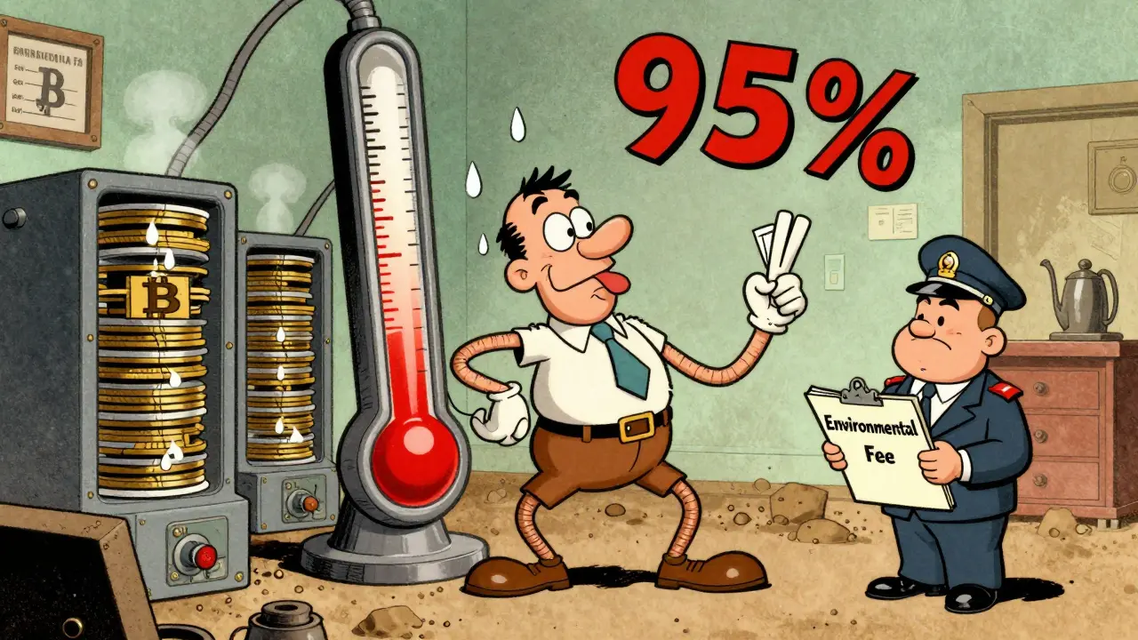 An exaggerated miner overwhelmed by a 95% tax meter in a cluttered crypto workshop.