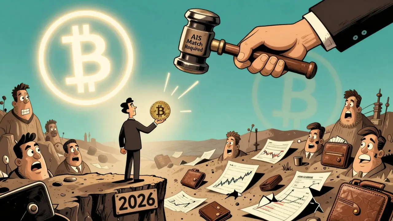 An investor stands on a cliff with Bitcoin, looking down at abandoned trades as a tax hammer looms.