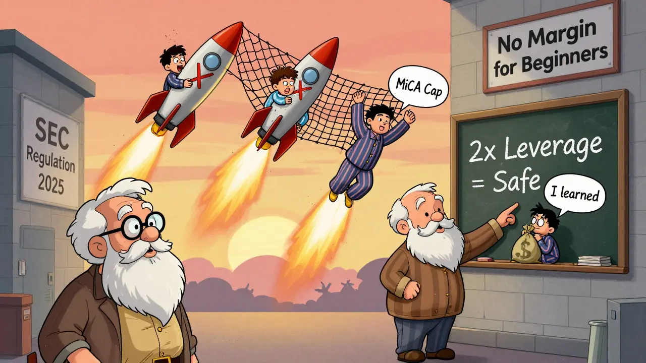 An old trader warns three reckless beginners, one launching into space on a 125x leverage rocket.