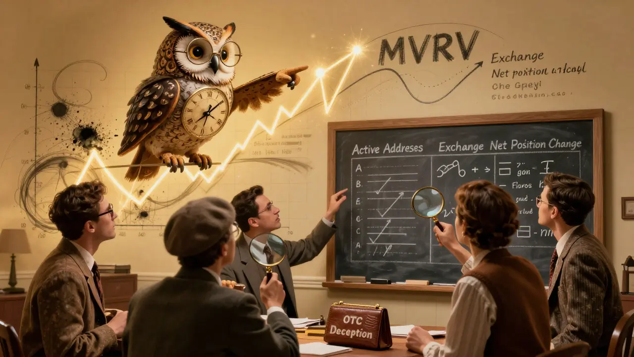 An owl pointing at a MVRV chart while traders study metrics on a chalkboard, in vintage cartoon style.