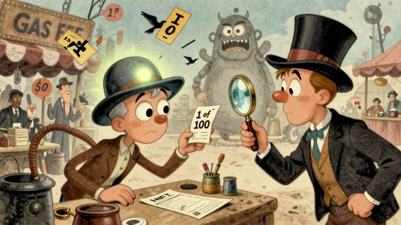 Animated avatar selling a rare virtual hat at a bustling marketplace, with a skeptical buyer inspecting an NFT receipt and a 'GAS FEE' monster nearby.