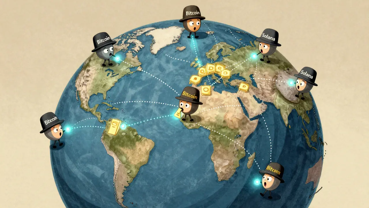 Animated blockchain nodes across the globe passing data packets randomly in a chaotic, interconnected web.