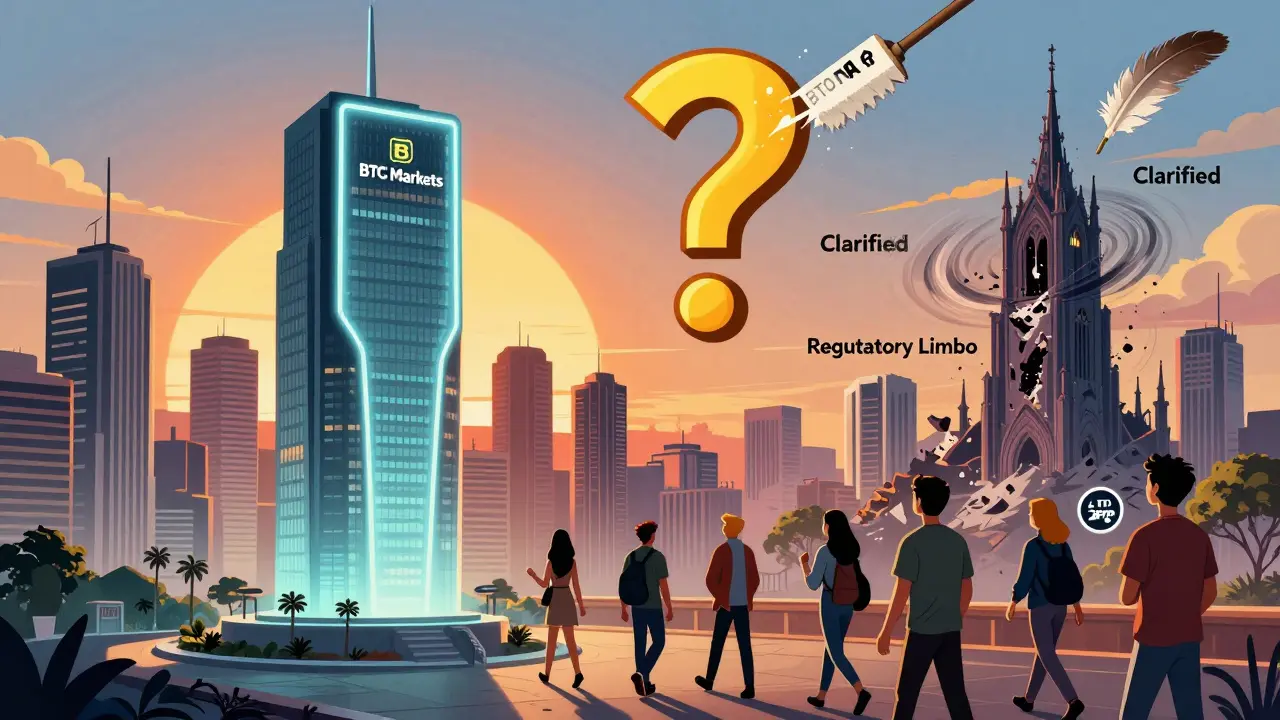 BTC Markets tower shining in a futuristic Australian city while BitMEX crumbles into regulatory chaos.