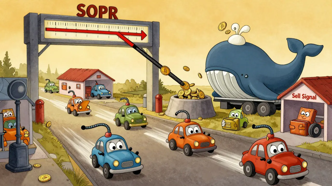 Cartoon wallets on a highway heading to exchange toll booths, with a giant SOPR pendulum swinging above.