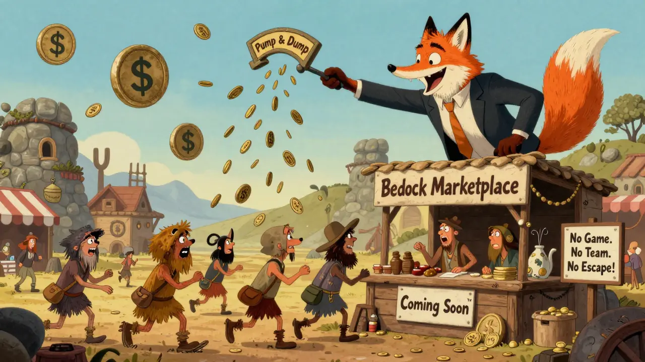 Cavemen trading nothing at a nonexistent marketplace under a 'Pump &amp; Dump' lever.