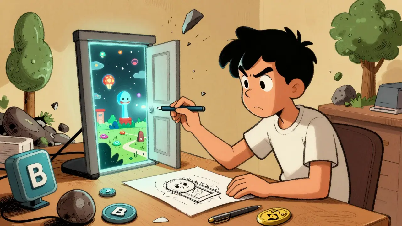 Creator drawing a simple door that transforms into a portal to a vibrant metaverse, while failed assets crumble behind him in vintage cartoon style.