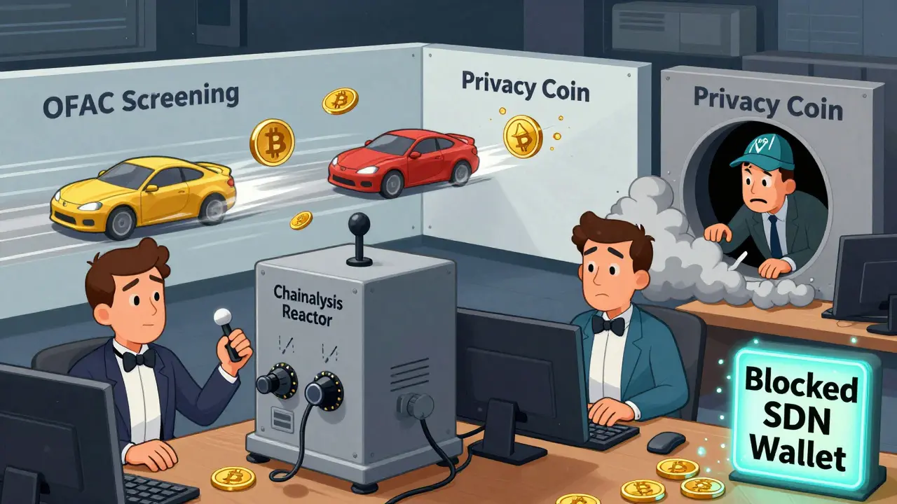 Crypto tokens crash into OFAC screening walls while a compliance officer operates a giant machine.