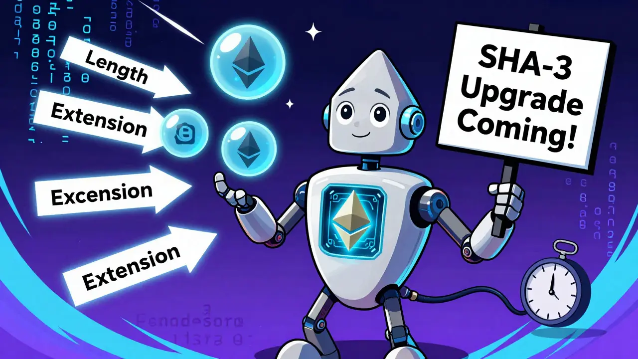 Ethereum robot juggling transactions with Keccak-256 core, clock ticking toward SHA-3 upgrade.