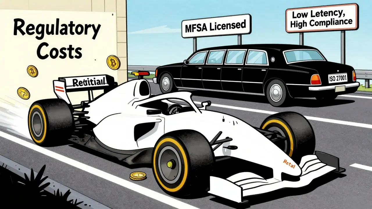 Formula 1 car losing its retail steering wheel as an institutional limo cruises toward compliance.