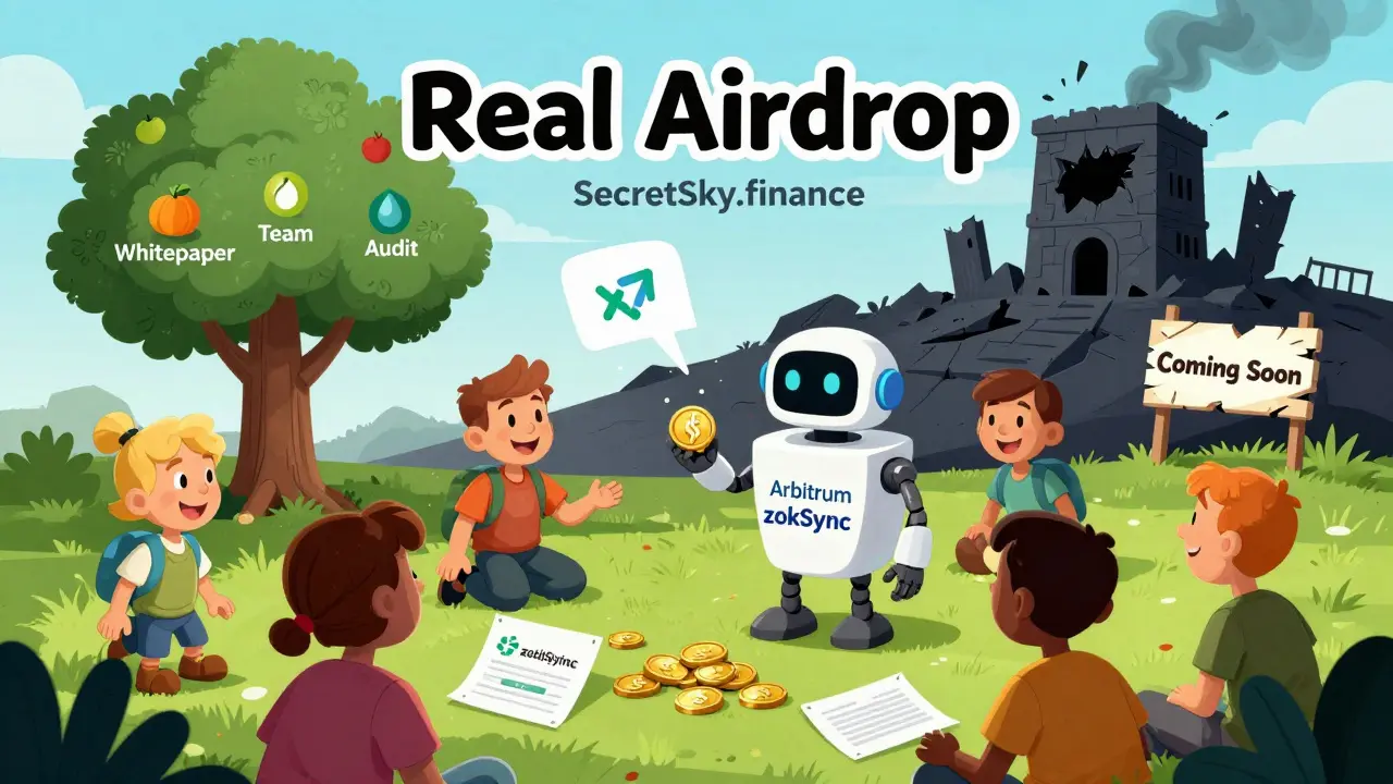 Happy users receive real tokens from friendly robots in a bright oasis, while behind them a crumbling 'SecretSky' building smolders.