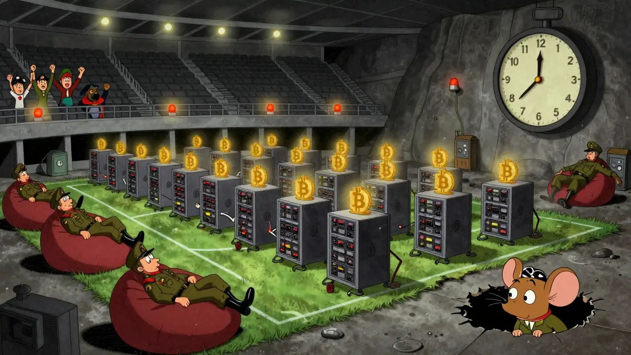 Hidden mining rigs operate under a stadium as citizens suffer in darkness above.