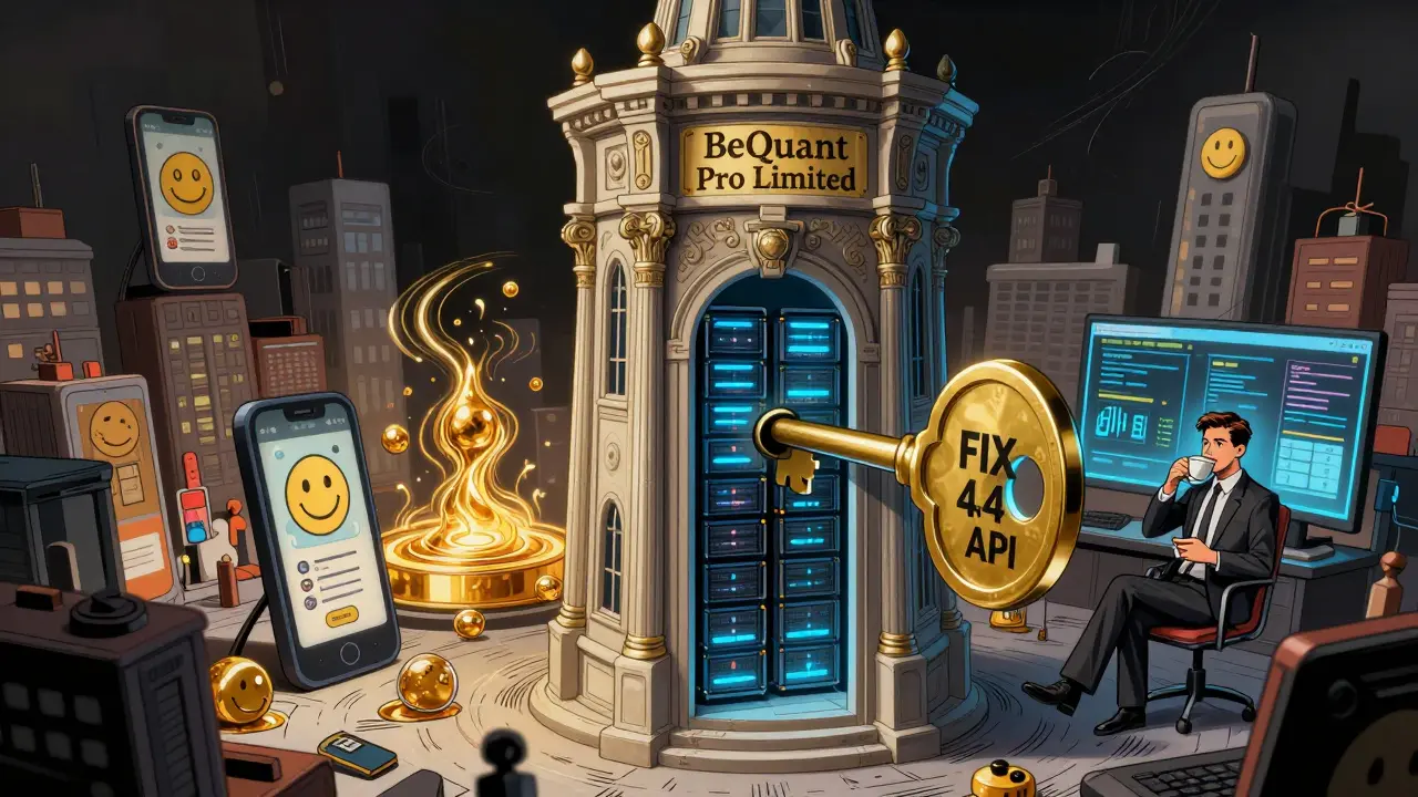 Institutional trading tower glowing with liquidity, while retail exchanges shrink below.