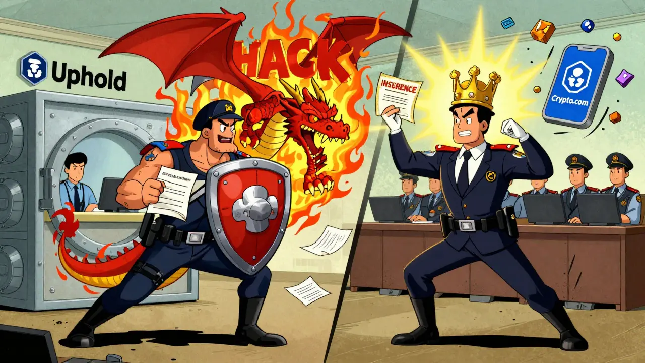 Kraken's shield blocks a hack dragon, Gemini's crown glows, while Uphold's support desk is a bottomless pit.