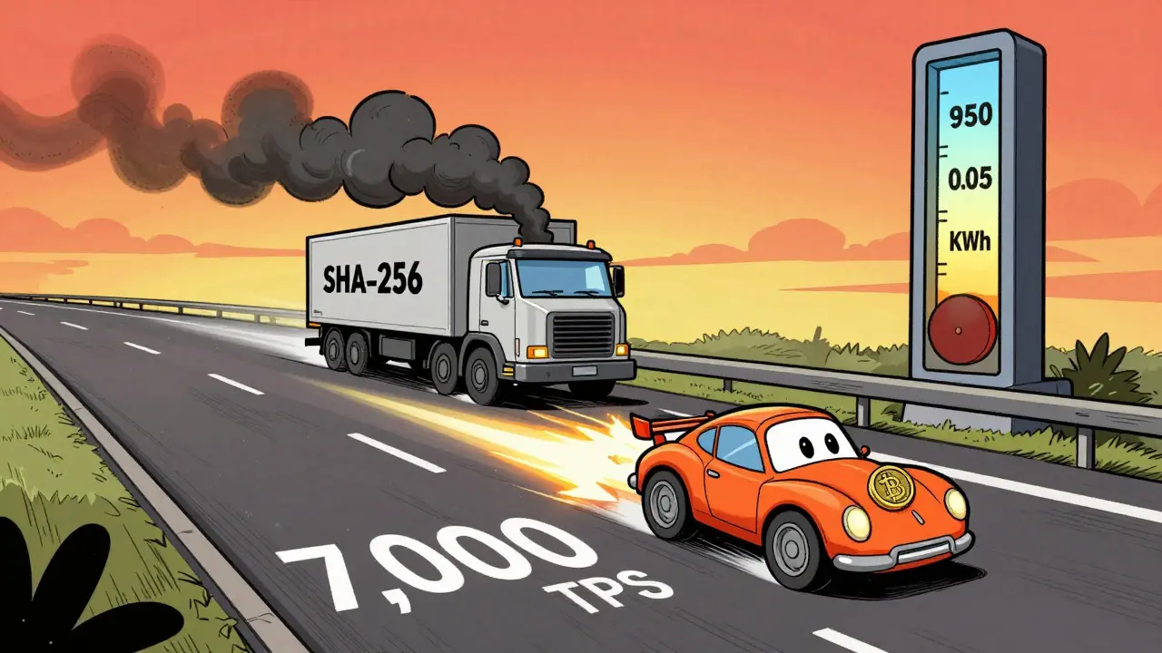 Nano coin speeding down highway with BLAKE2b sparks, outpacing a slow Bitcoin truck.