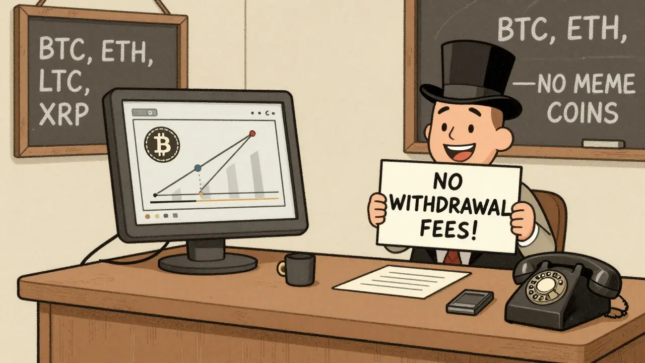 Retro Australian crypto exchange desk with no fees and simple trading options.