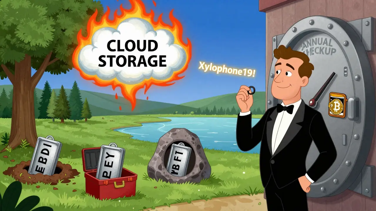 Three metal seed backups hidden in different locations, while digital cloud explodes in flames.