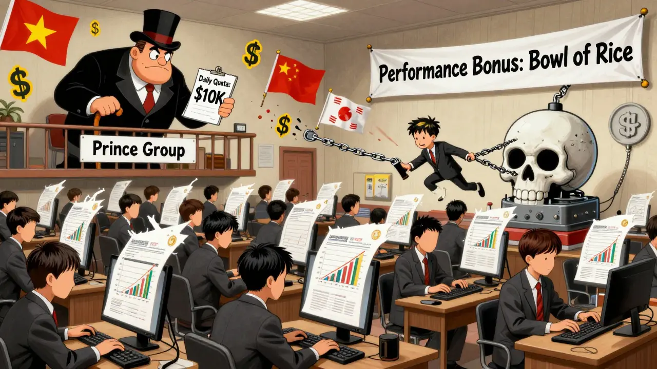 Workers in a scam compound under a monstrous boss, surrounded by fake profit graphs and electric shocks.