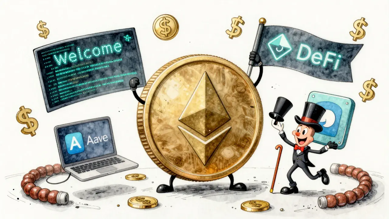 A Bitcoin character dancing on a WETH token amid floating DeFi apps in a whimsical 1930s animation style.