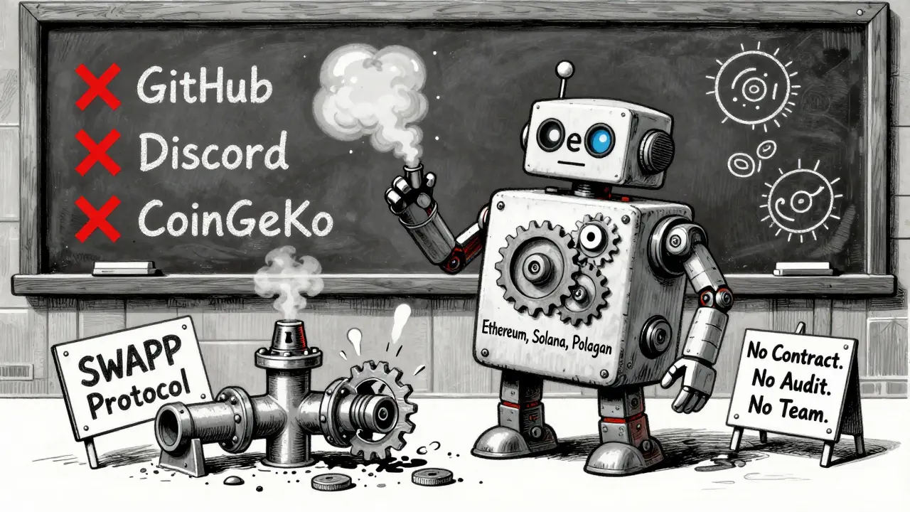 A broken DeFi robot trying to swap tokens through an empty SWAPP Protocol pipe, with missing verification signs.