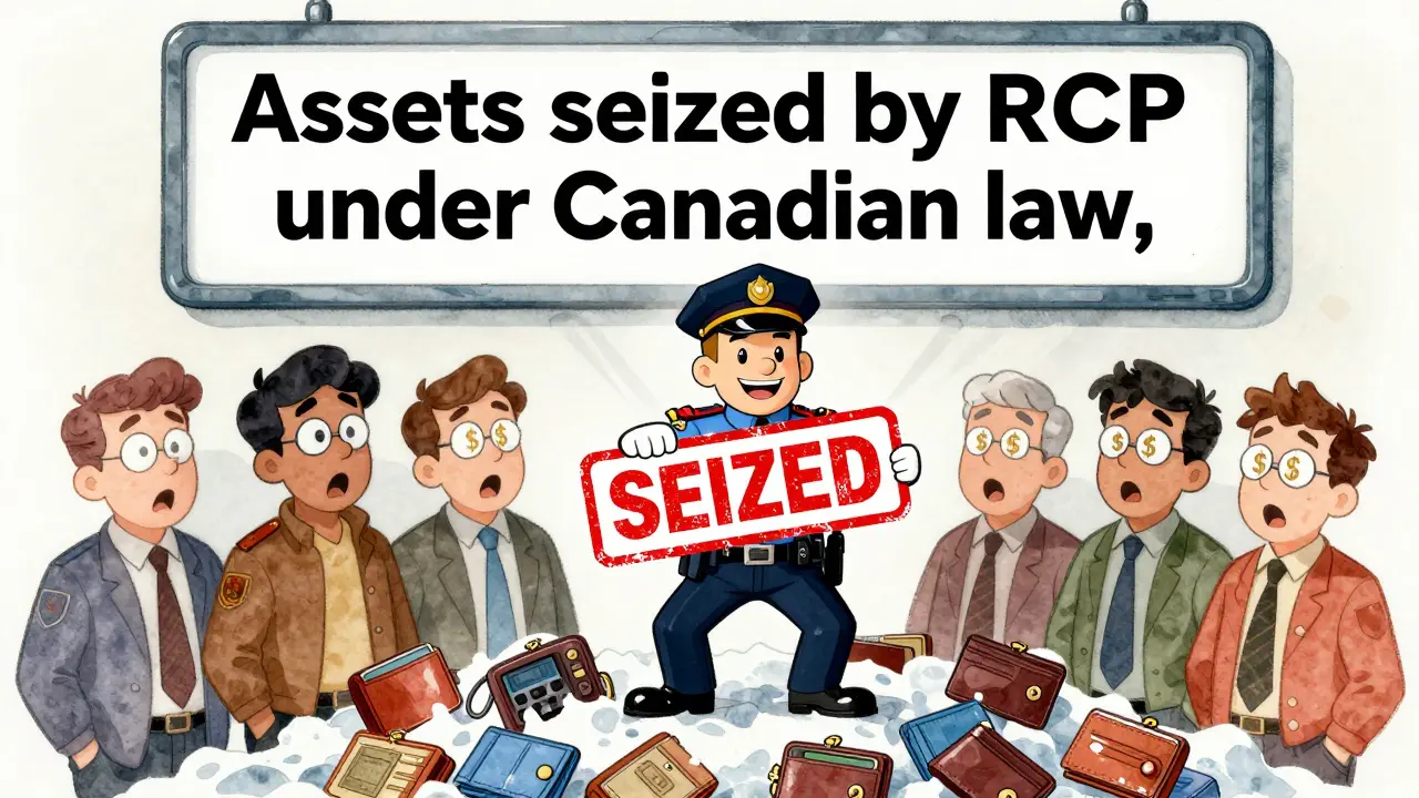 A Canadian officer stands atop frozen wallets with a public blockchain message.