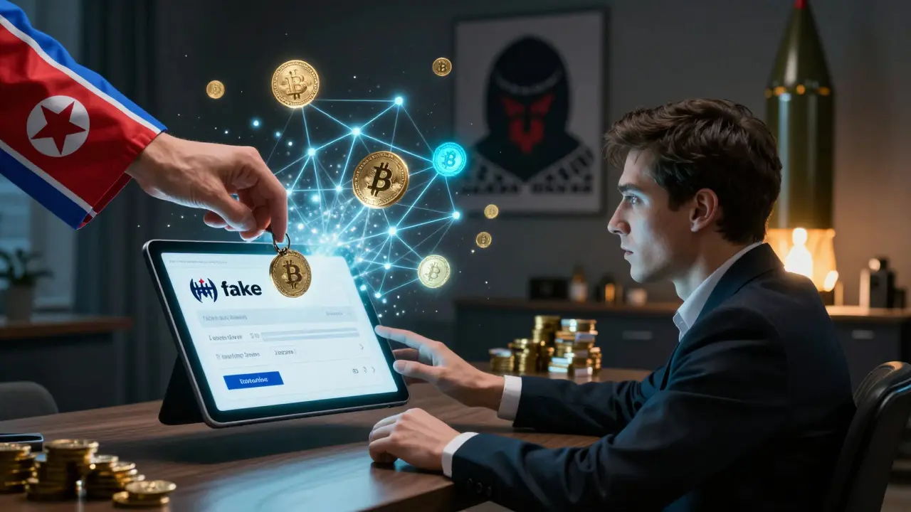 A crypto user unknowingly gives up their private key to a sneaky hand, while blockchain networks swirl around them in chaos.