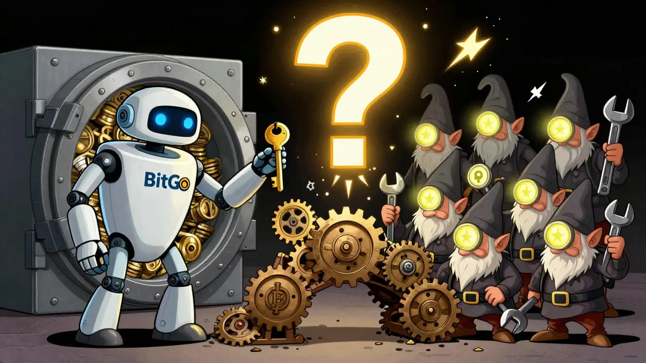 A custodian robot battles quirky darknode gnomes over wrapped asset infrastructure in classic Fleischer style.