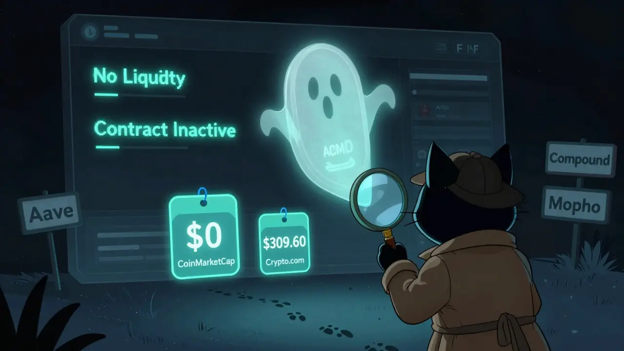 A ghostly ACMD token floats above an empty DeFi platform with conflicting price tags and signs of inactivity