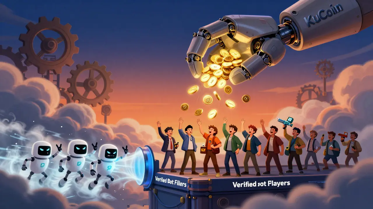 A giant mechanical hand drops XWG tokens to verified players while bots are removed by a filter.