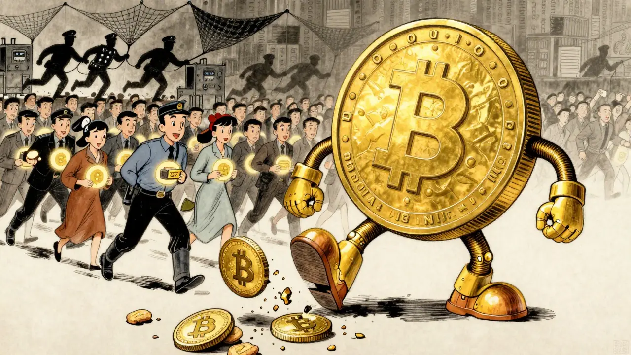 A golden digital yuan robot strides over crumbling crypto symbols while citizens glow with state-approved wallets.