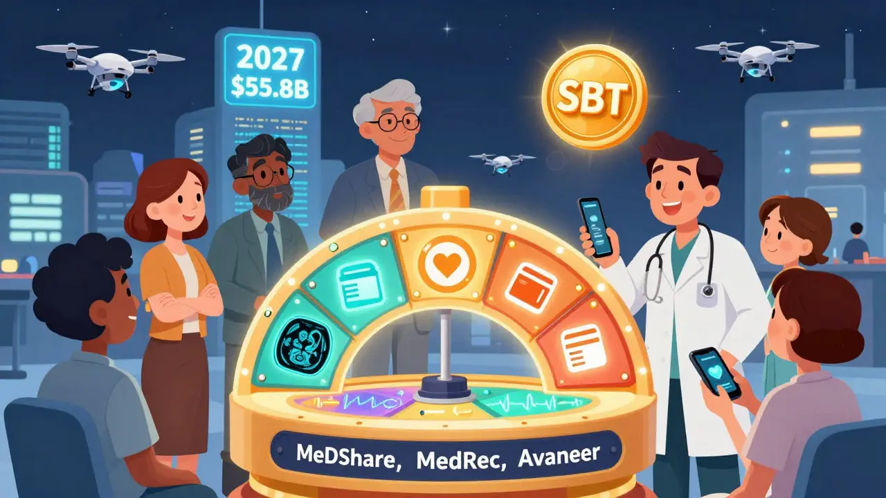 A group of patients and doctors around a spinning blockchain wheel with medical icons, while an SBT token glows and AI drones analyze data above.