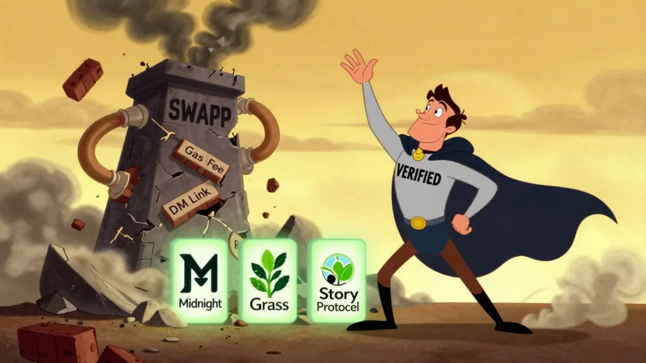 A hero standing beside verified DeFi projects as a fake SWAPP tower crumbles in the background, cartoon style.