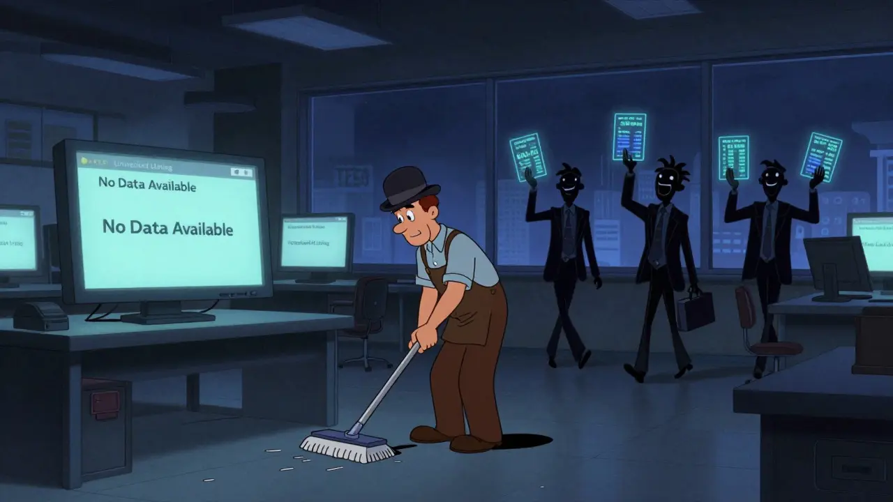 A janitor mopping a dark trading floor with monitors showing 'No Data Available' while investors walk away.